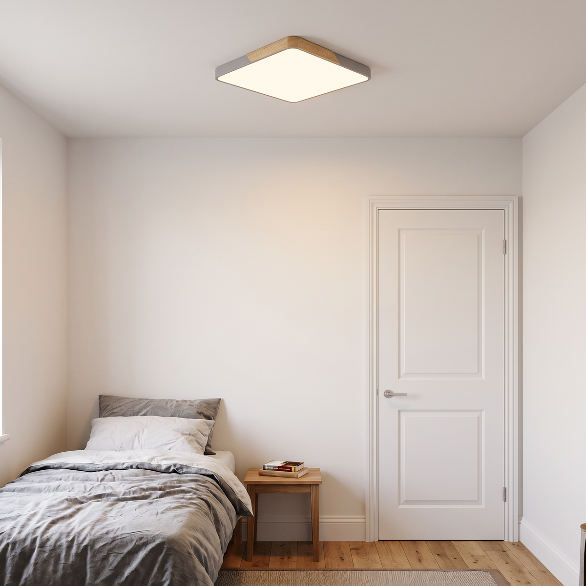 Mavon silver grey 40cm x 40cm slim LED flush mount ceiling light in a single bedroom