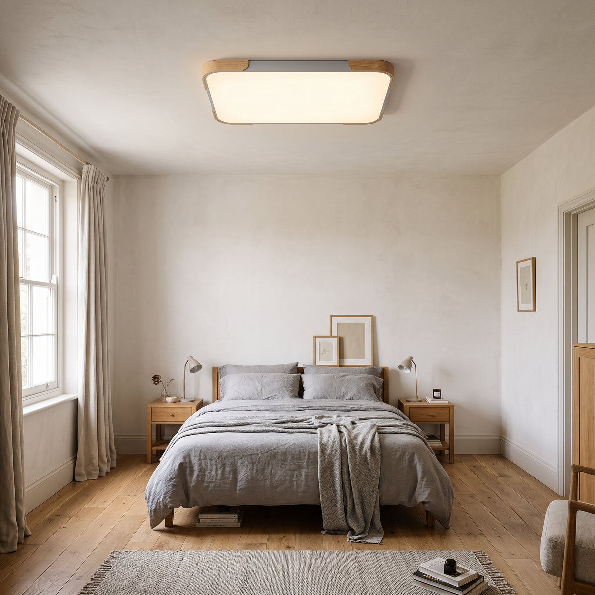 Mavon silver grey 65cm x 43cm slim LED flush mount ceiling light in a bedroom