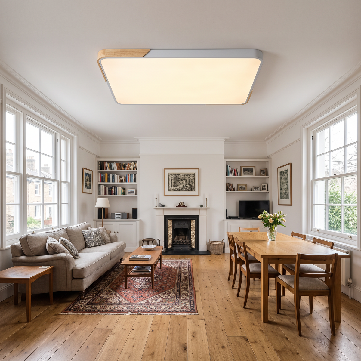 Mavon silver grey 88cm x 62cm slim LED flush mount ceiling light in a large living and dining room