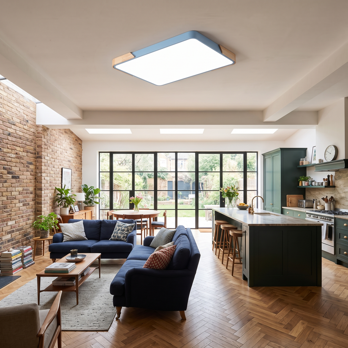 Mavon sky blue 110cm x 70cm slim LED flush mount ceiling light in an open-plan kitchen and living room