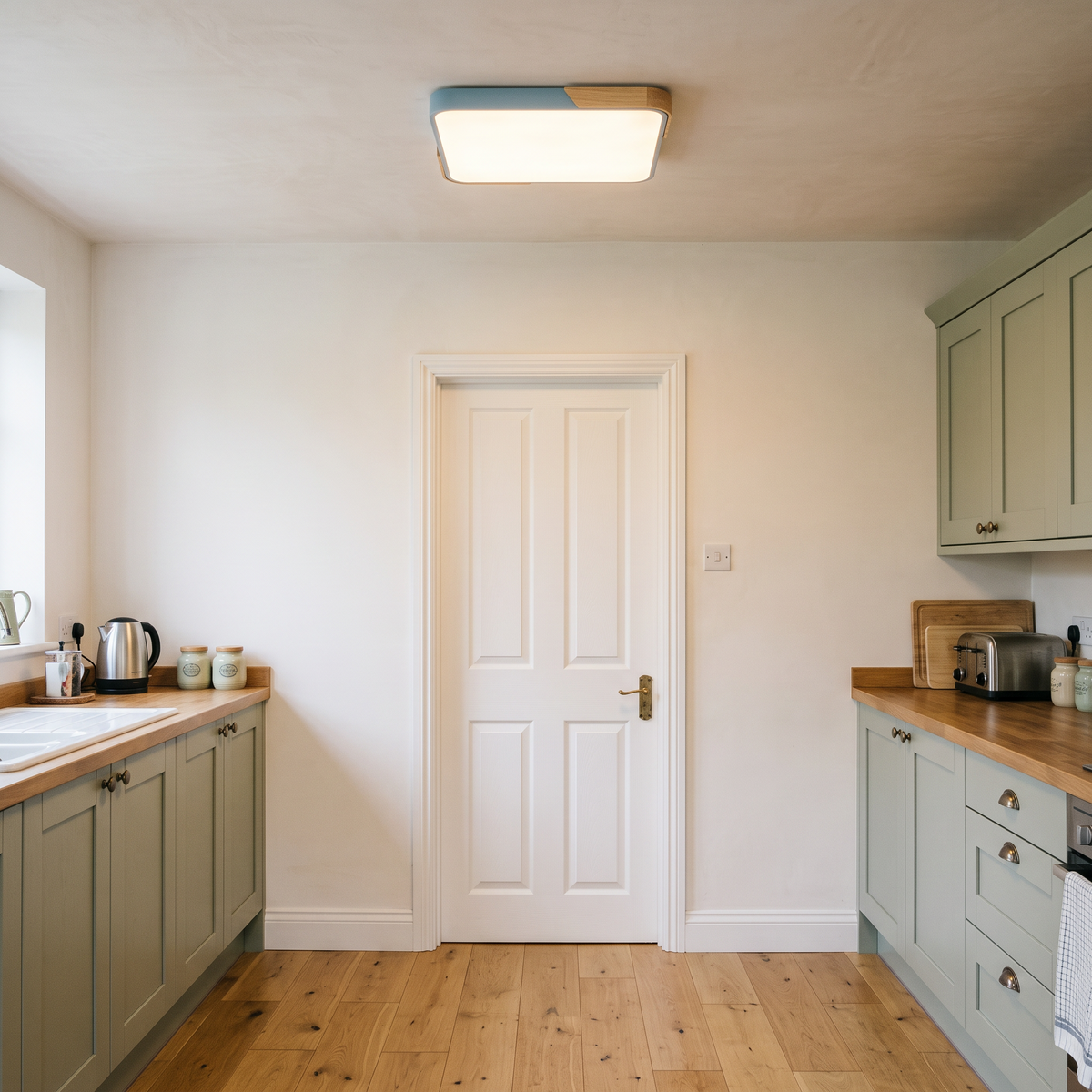 Mavon sky blue 50cm x 50cm slim LED flush mount ceiling light in a kitchen