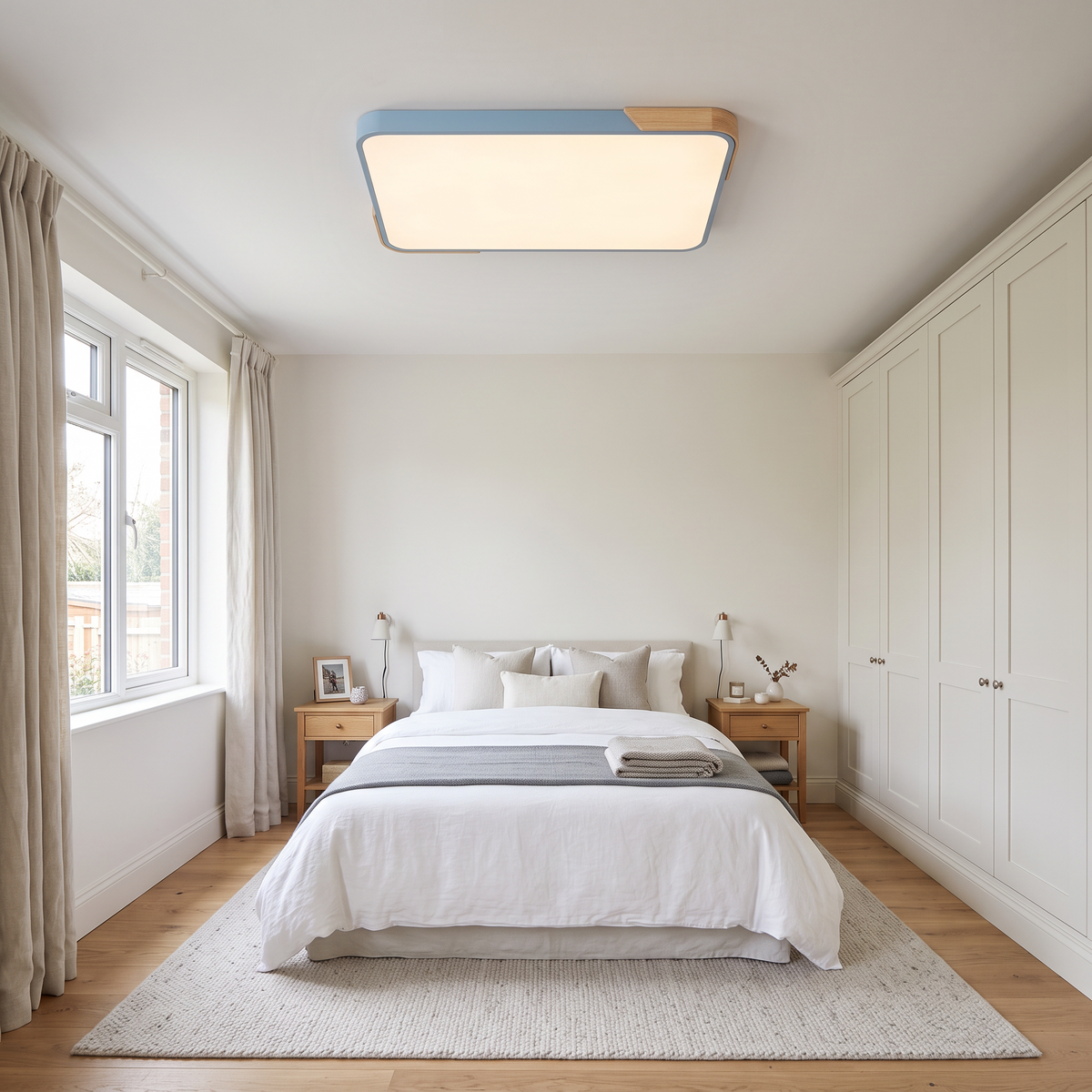 Mavon sky blue 65cm x 43cm slim LED flush mount ceiling light in a bedroom