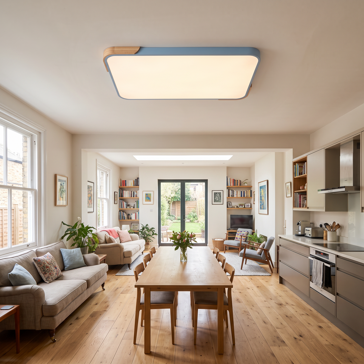 Mavon sky blue 88cm x 62cm slim LED flush mount ceiling light in a spacious living room