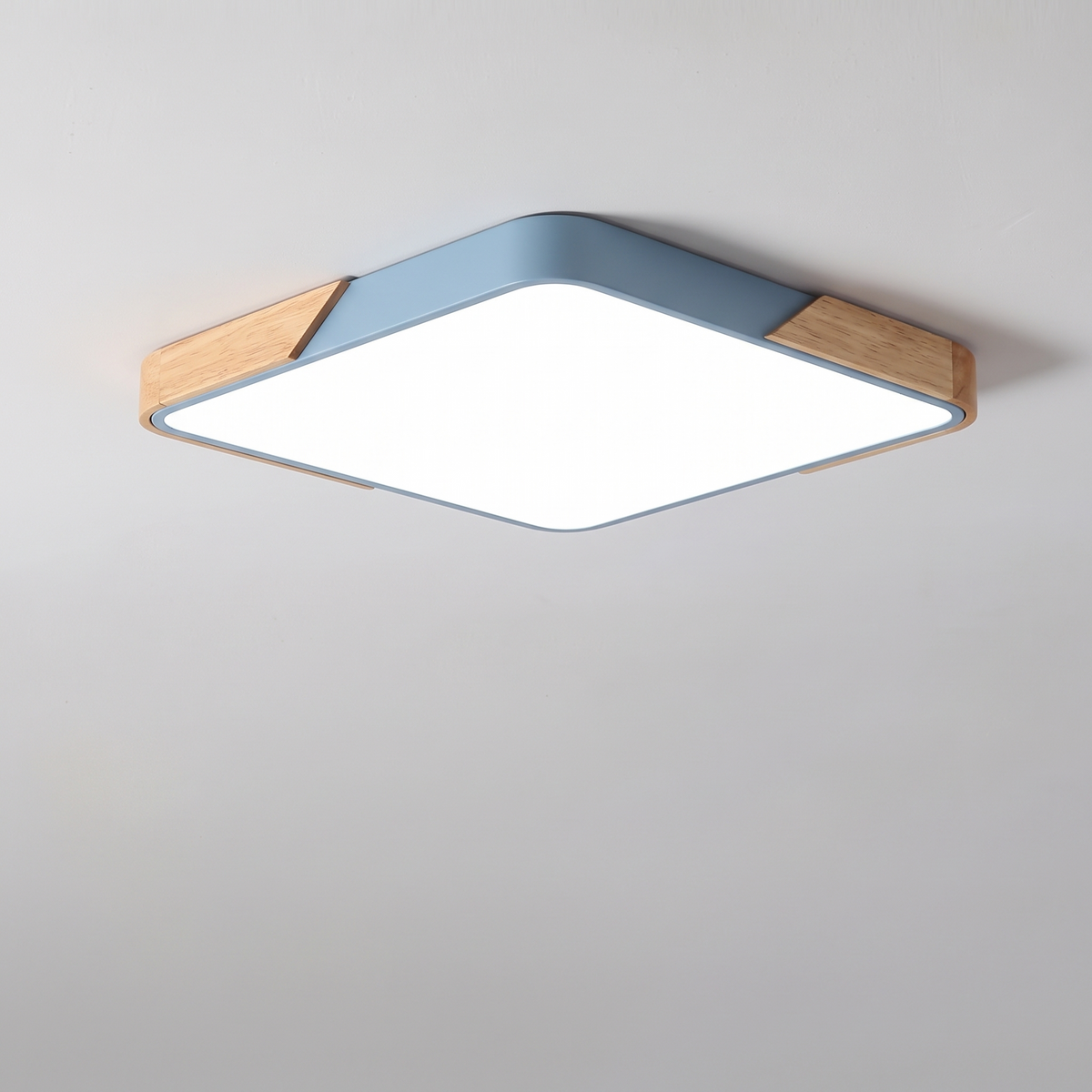 Mavon sky blue square slim LED flush mount ceiling light with wood corner trim, fitted flat to a ceiling