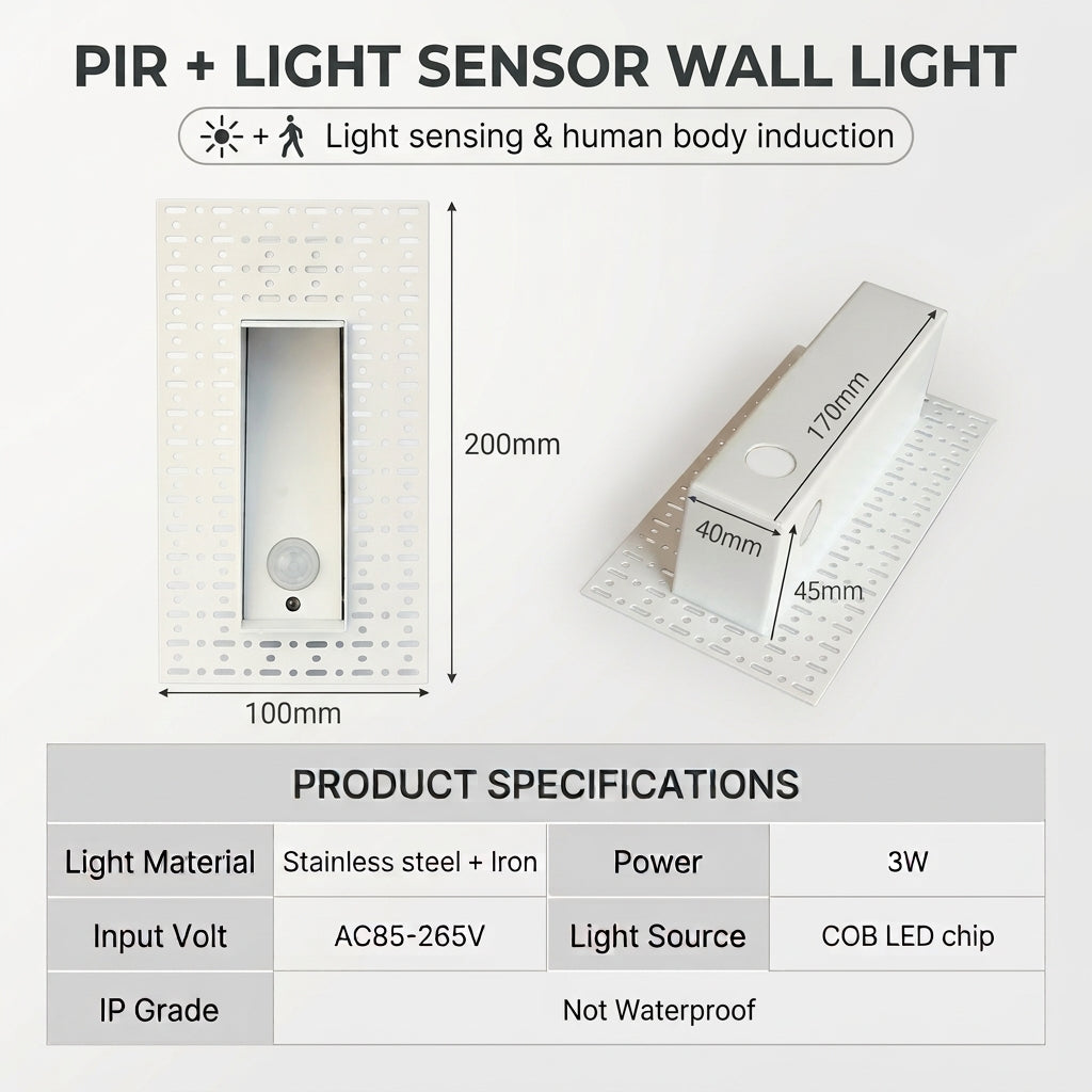Size and specification chart for the Melte long strip recessed LED wall light with light and motion sensor, 100mm x 200mm