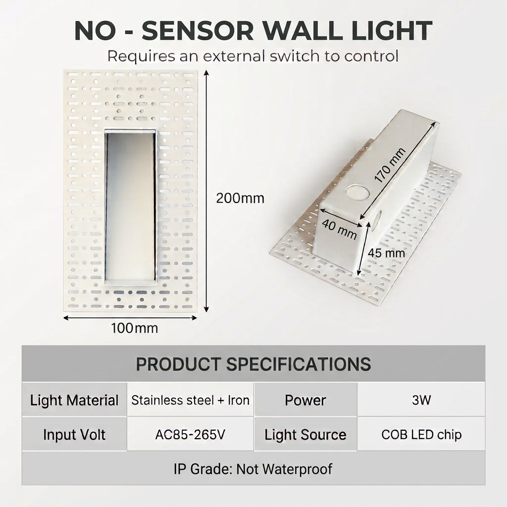 Size and specification chart for the Melte long strip recessed LED wall light, 100mm x 200mm, switch controlled