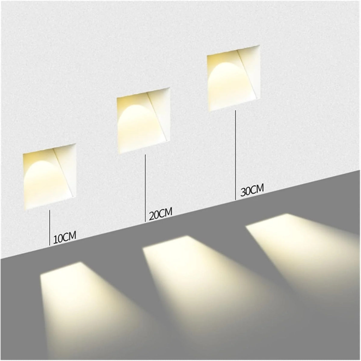 Diagram of the Melte recessed LED wall light beam at 10cm, 20cm and 30cm above the floor