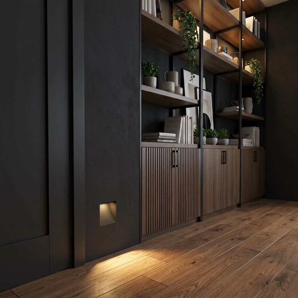 Melte recessed LED wall light close to a dark shelving unit and door