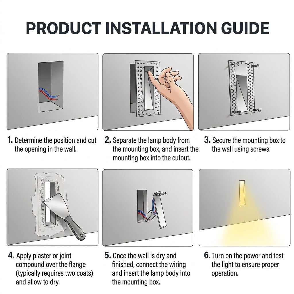 6-step installation guide for the Melte recessed LED wall light