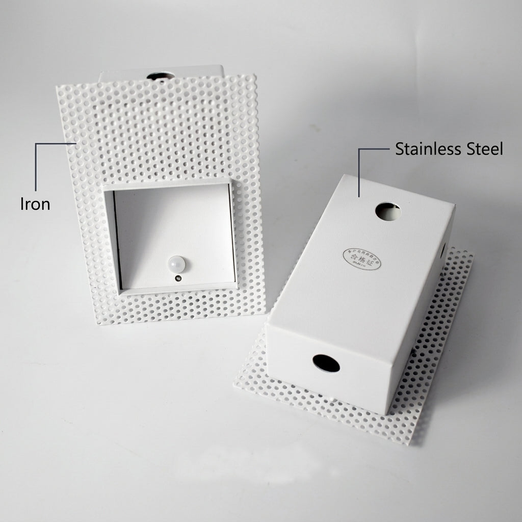 Diagram of the Melte recessed LED wall light showing the iron shade and stainless-steel lamp body