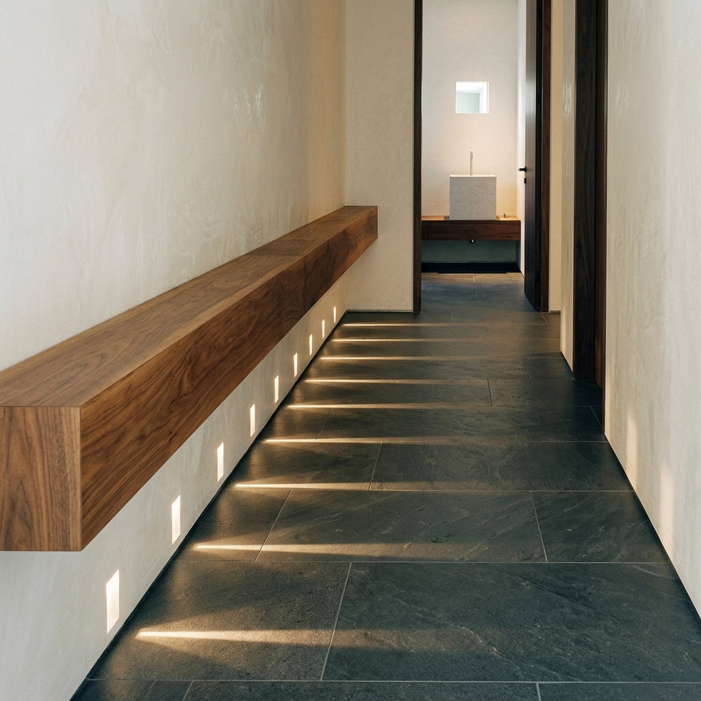 Melte recessed LED wall lights lining a corridor beneath a wooden shelf