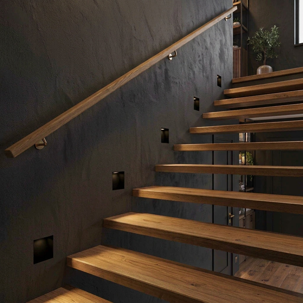 Melte recessed LED wall lights beside a dark staircase with a wooden handrail