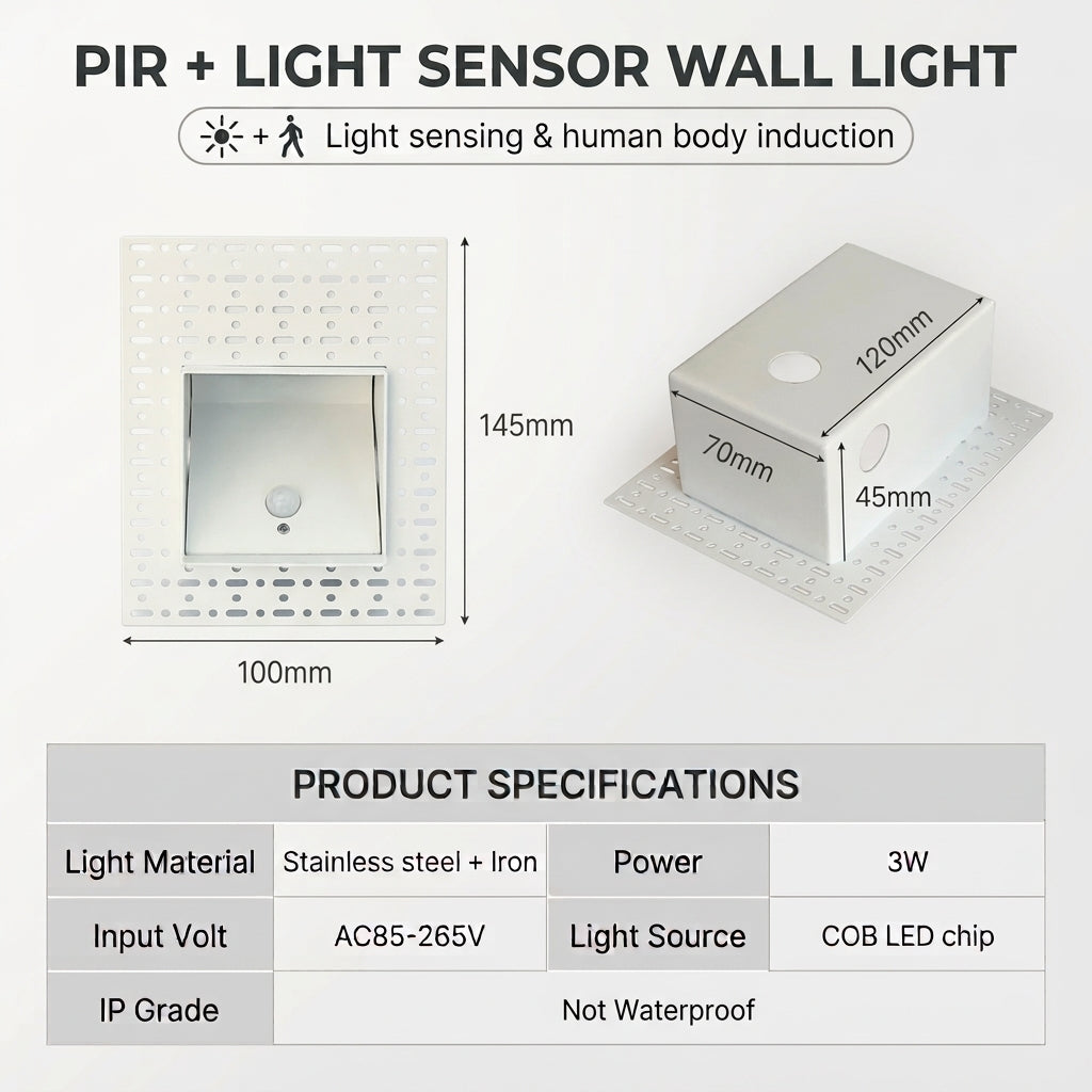 Size and specification chart for the Melte square recessed LED wall light with light and motion sensor, 100mm x 145mm
