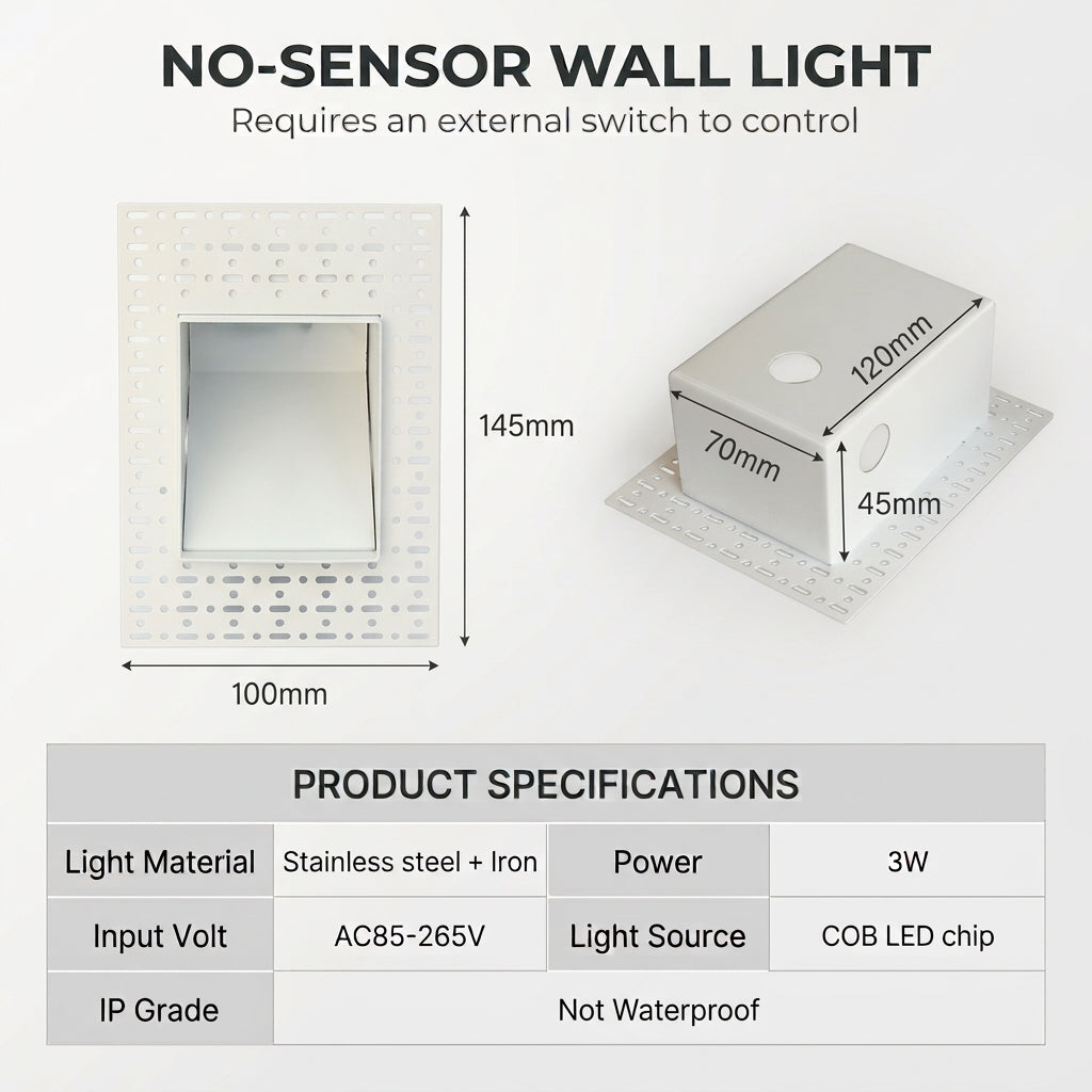 Size and specification chart for the Melte square recessed LED wall light, 100mm x 145mm, switch controlled