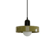Modern Bauhaus colour-block mera pendant light featuring a black upper body and green glass shade