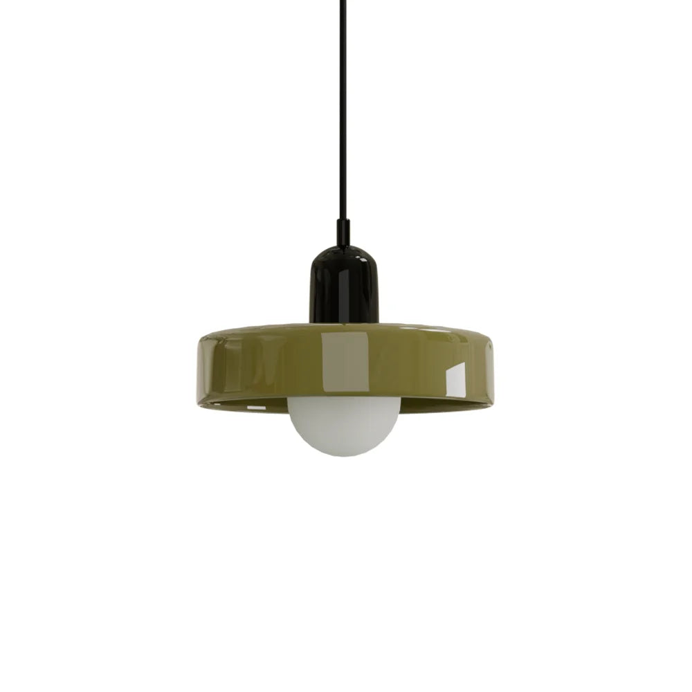 Modern Bauhaus colour-block mera pendant light featuring a black upper body and green glass shade