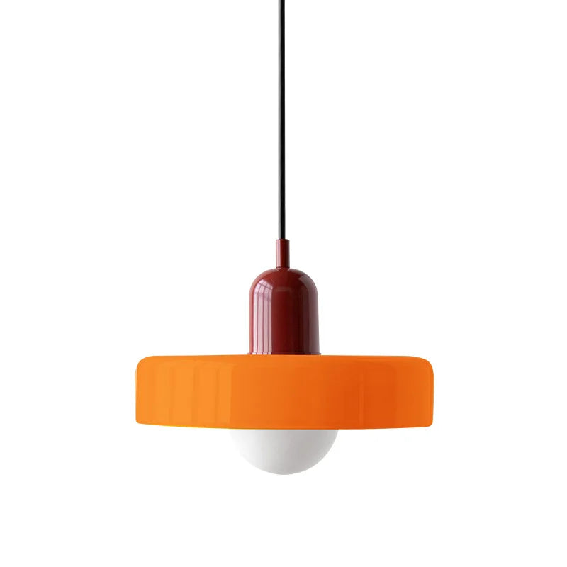Red and orange retro mera ceiling lamp highlighting its vibrant, glossy dome shade