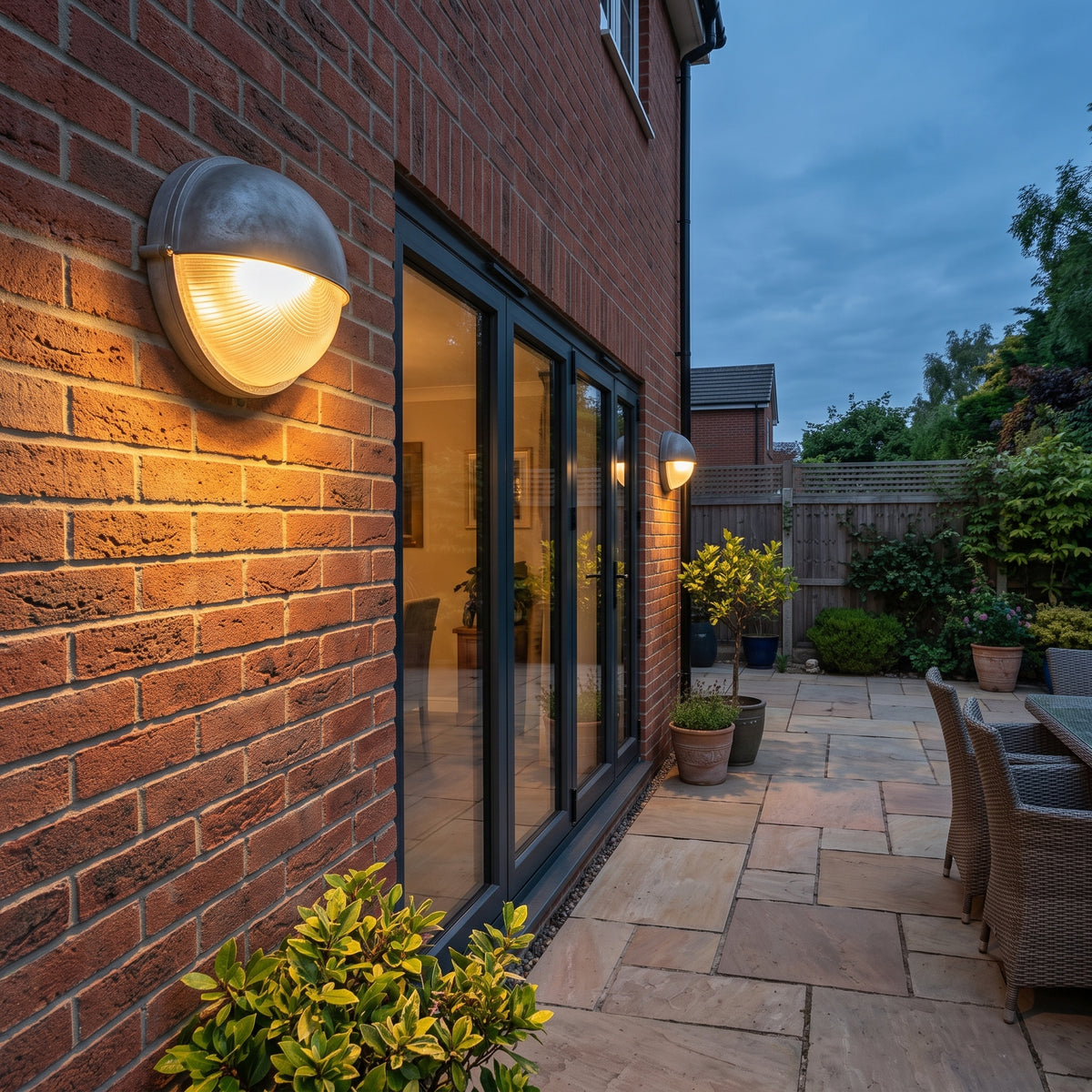 A modern round outdoor wall light with a brushed metal finish and warm glowing light, mounted on a red brick wall next to glass patio doors in a backyard setting.