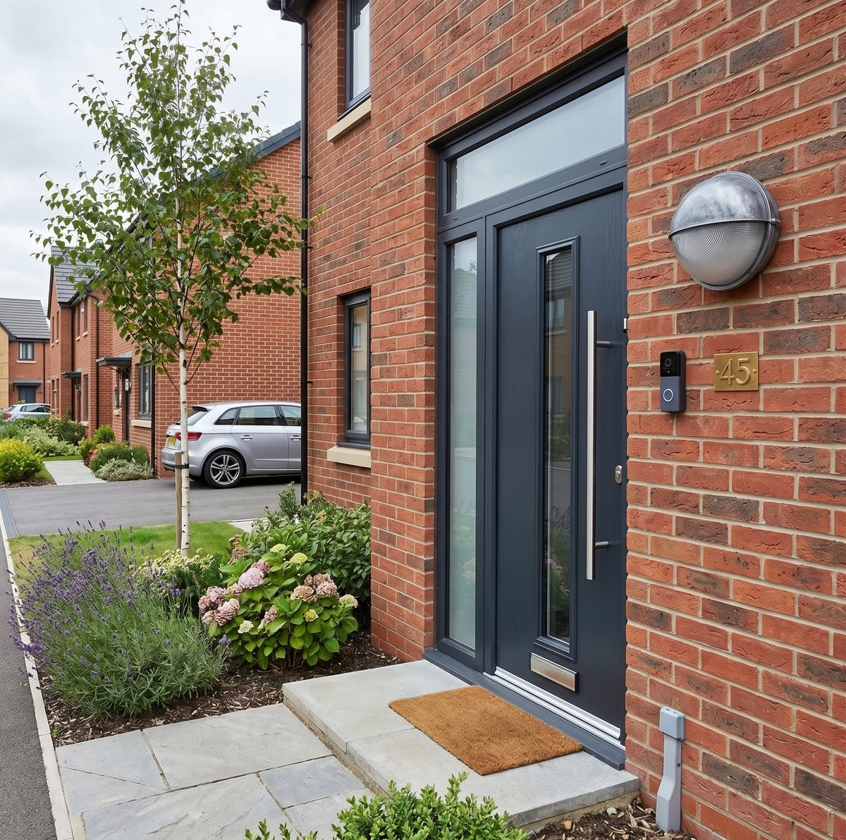 Modern dark navy front door with glass panels set in a red brick house exterior with silver outdoor wall light fixture and, with a stone walkway, landscaped garden, and neighbouring houses visible.
