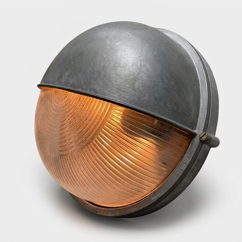 A vintage industrial dome light outdoor wall fixture with a textured dark grey metal dome and a warm amber-orange ribbed glass lens, shown on a light grey background.