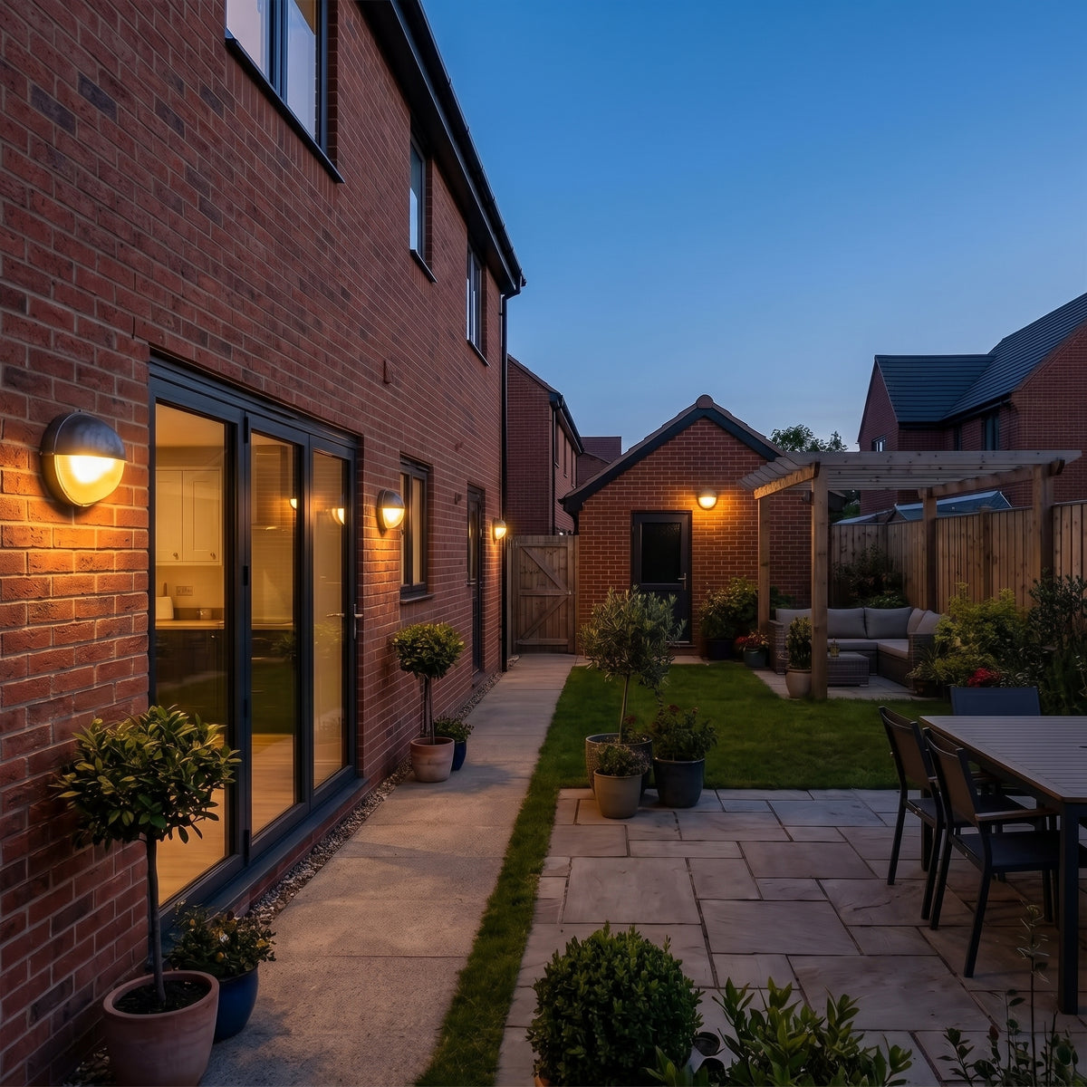 A modern brick house exterior at dusk with a lit patio walkway, round wall lights lit, glass patio doors, lawn, dining table and chairs, and a pergola in the background.