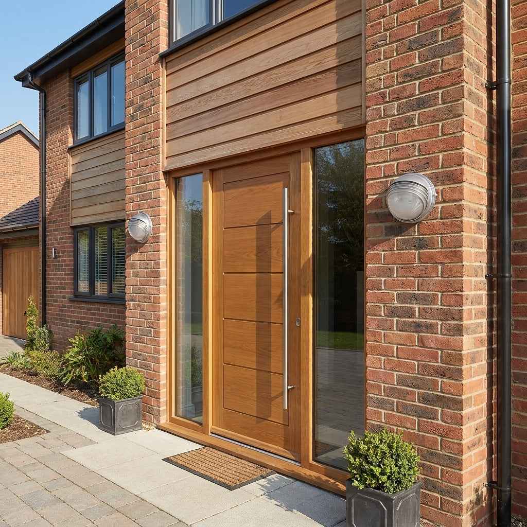 A modern wooden front door with glass panels, set in a brick house exterior with wall-mounted outdoor lights and small potted plants.