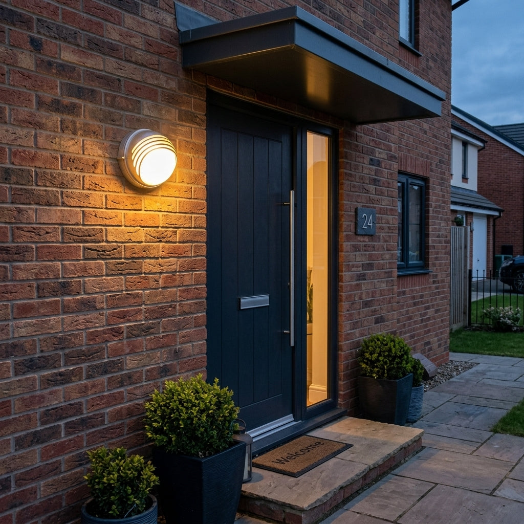 A modern circular outdoor wall light with a warm glowing bulb, mounted on a red brick wall next to a dark front door of a house.
