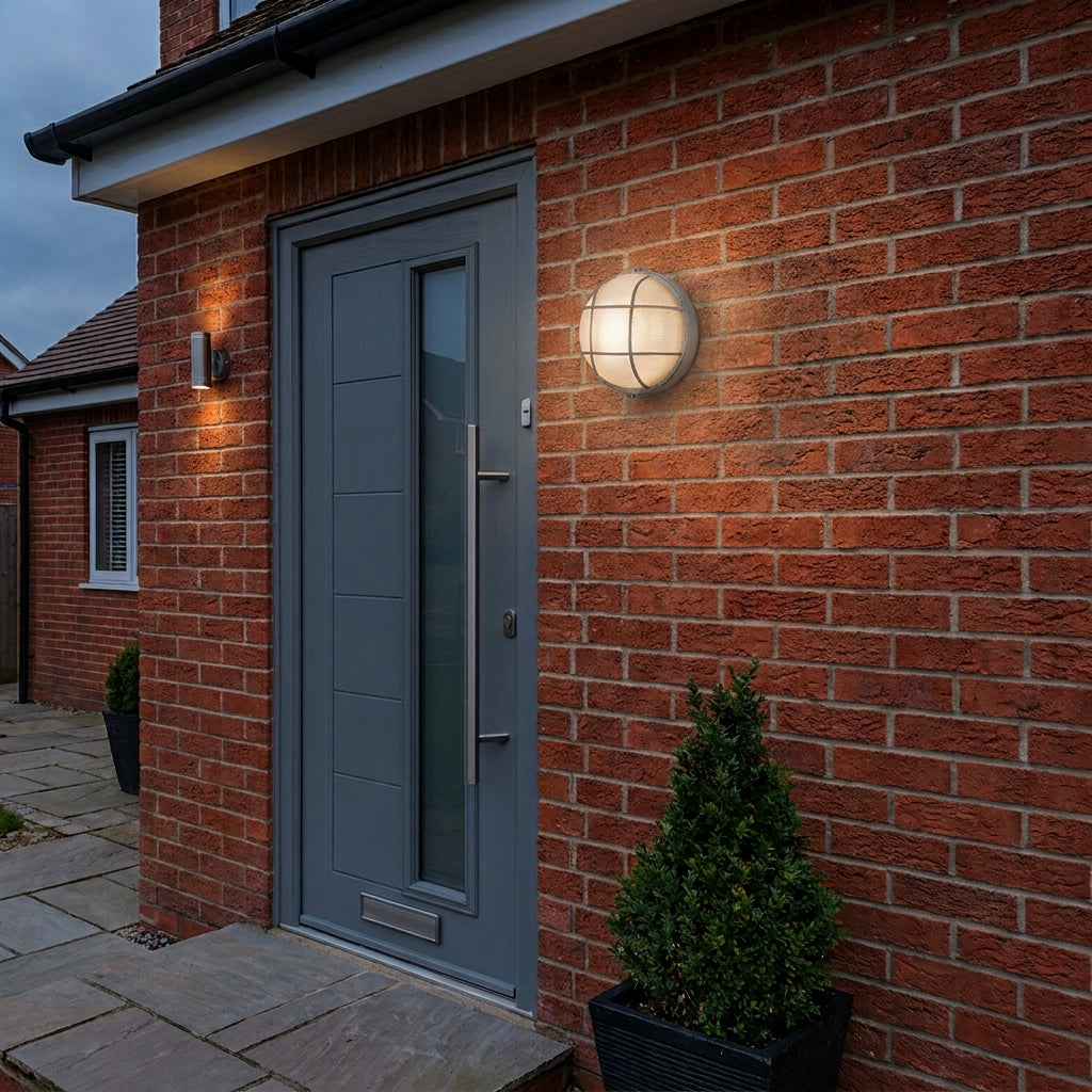 A modern spherical outdoor wall light with a warm white glowing glass shade, mounted on a red brick wall next to a grey front door.