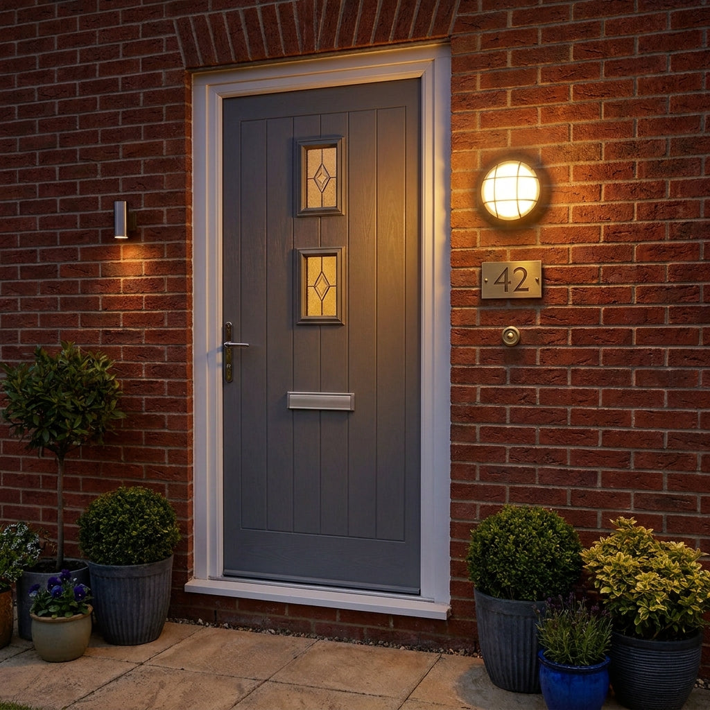 A grey front door with two small diamond-patterned glass panels, set in a white frame on a red brick house exterior. Warm outdoor wall lights glow on the brick wall, and potted plants sit on the stone walkway beside the door.