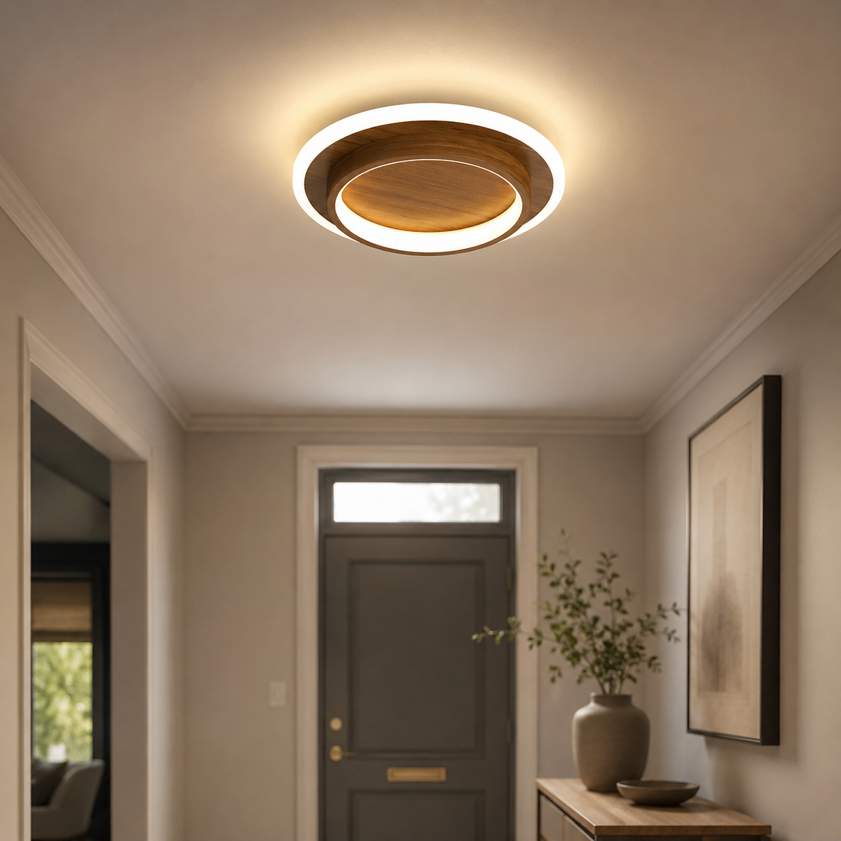 brown modern halo flush mount mura ceiling light installed in a classic hallway