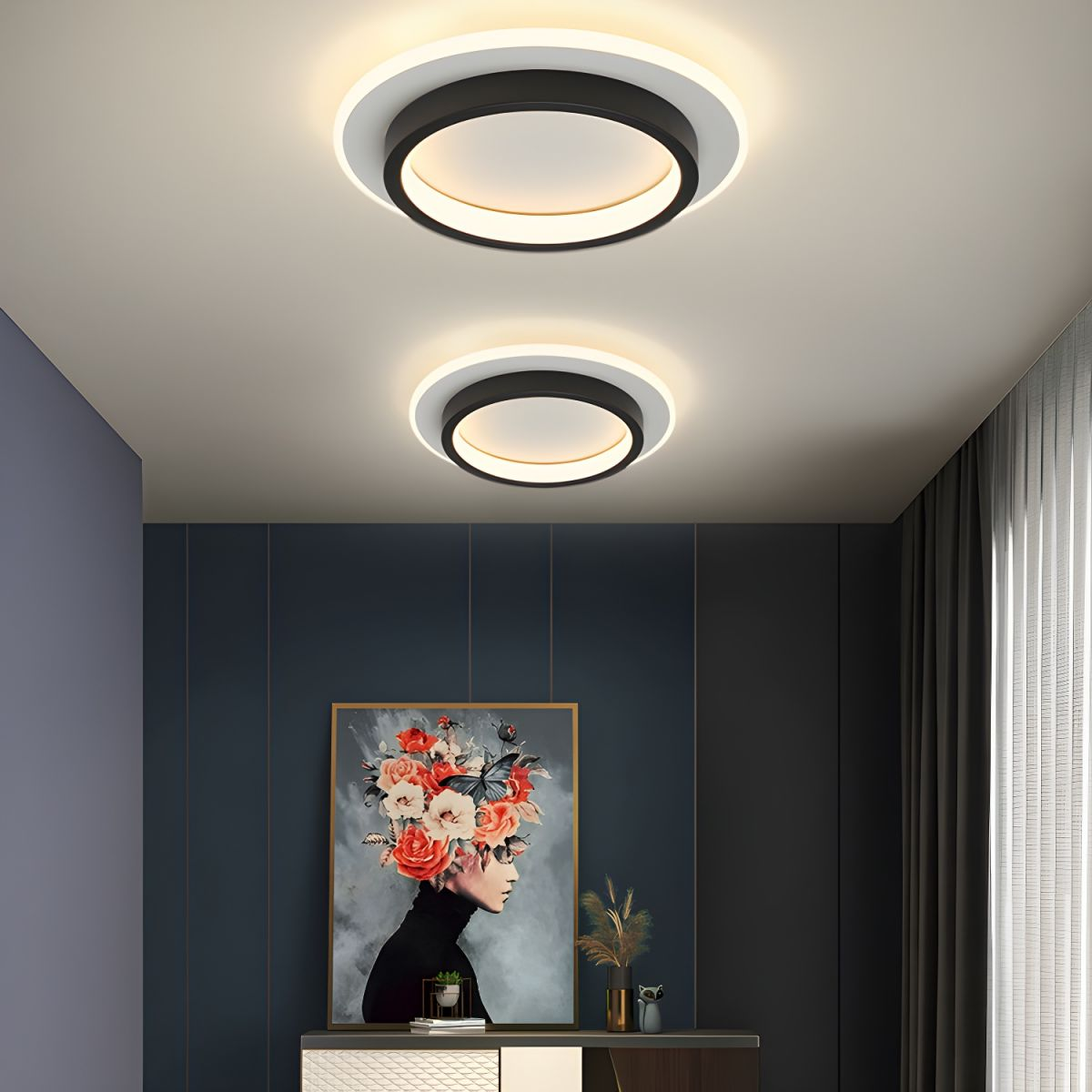 Two black double-ring LED flush mount mura ceiling lights in a modern stylish bedroom