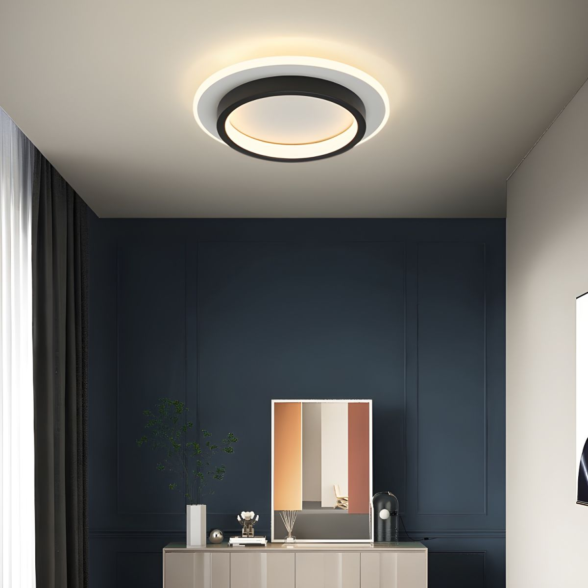 Black modern LED flush mount mura ceiling lamp providing ambient light in a dark blue room