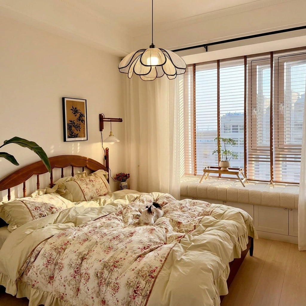 Muxqa petal pendant light in a bedroom with floral bedding