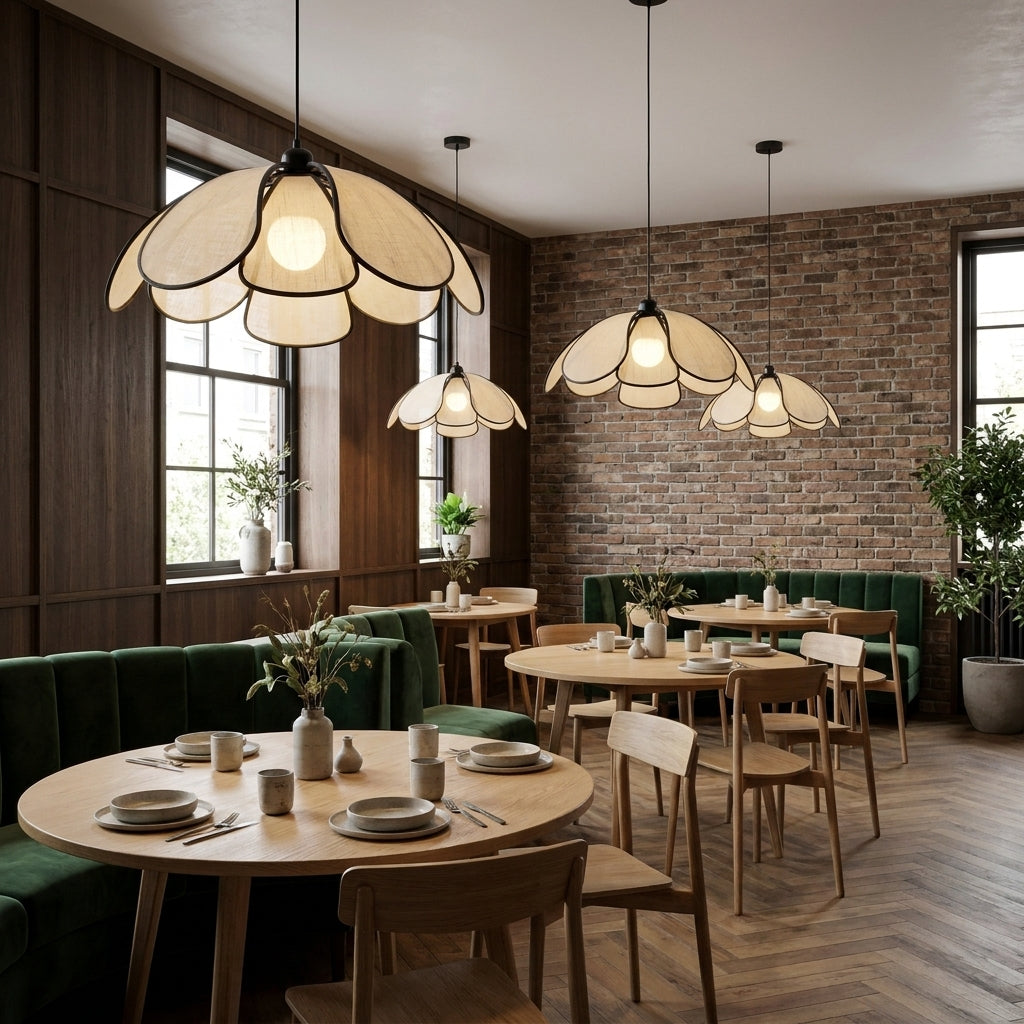 Muxqa petal pendant lights above a restaurant dining table