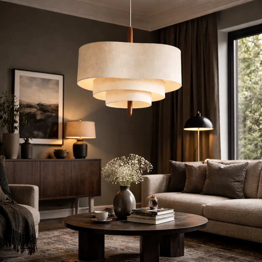 Myska japandi tiered linen pendant light casting a warm, ambient glow in a dark, moody modern living room