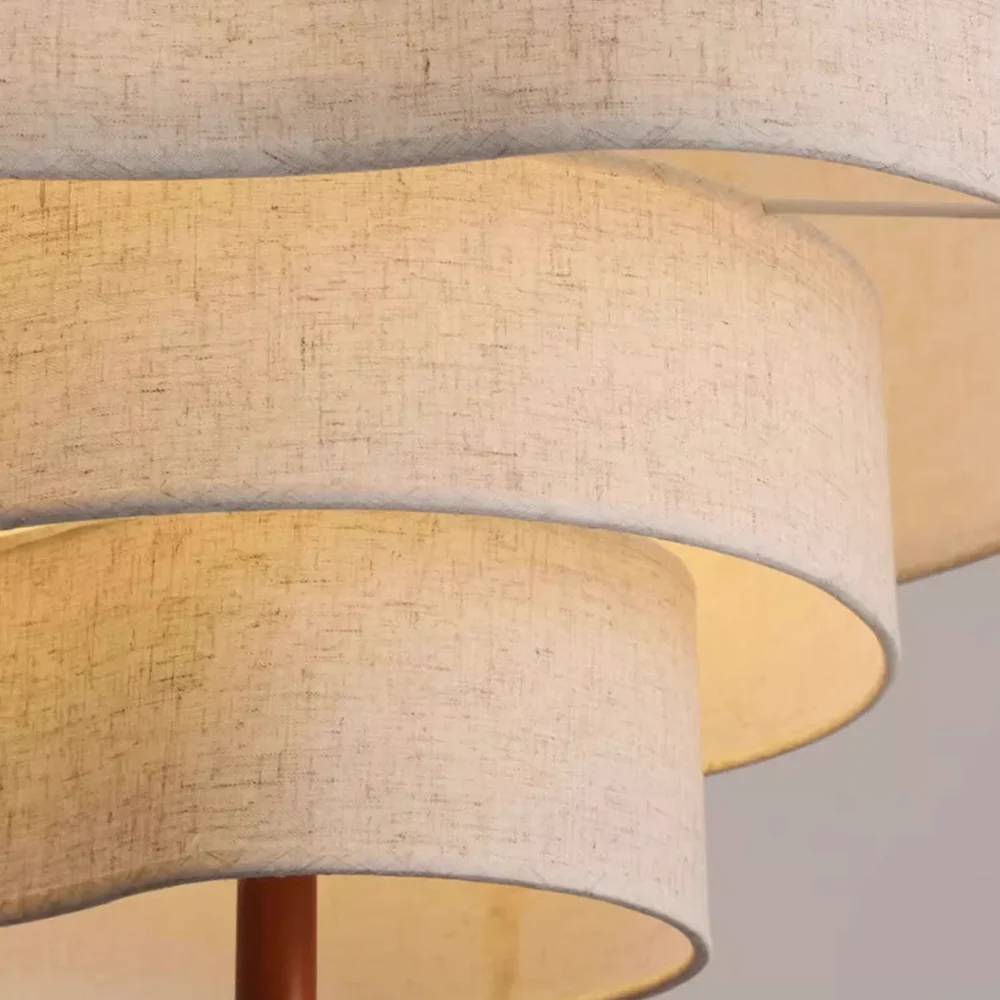 Close-up detail of the premium natural linen fabric texture on the Wabi-Sabi myska layered chandelier