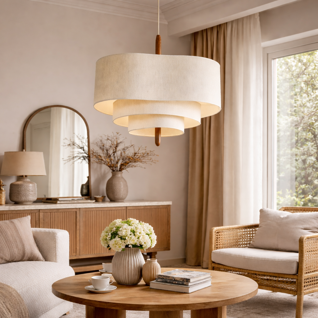 Organic myska tiered linen pendant light hanging gracefully in a bright, airy living room with natural wood furniture