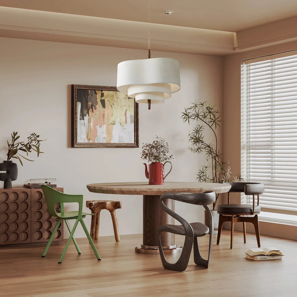 Wabi-Sabi tiered fabric myska chandelier suspended over a round wooden dining table in a bright Japandi interior