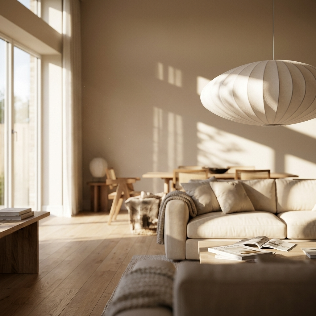Handmade silk lantern neqi pendant light casting a warm ambience in a spacious modern living room
