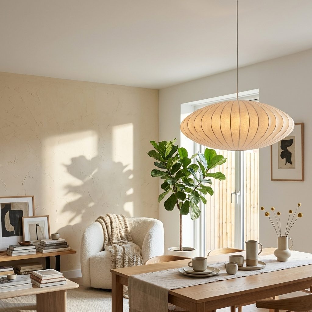 Retro minimalist fabric dome neqi pendant adding a serene glow to a sunlit Japandi interior