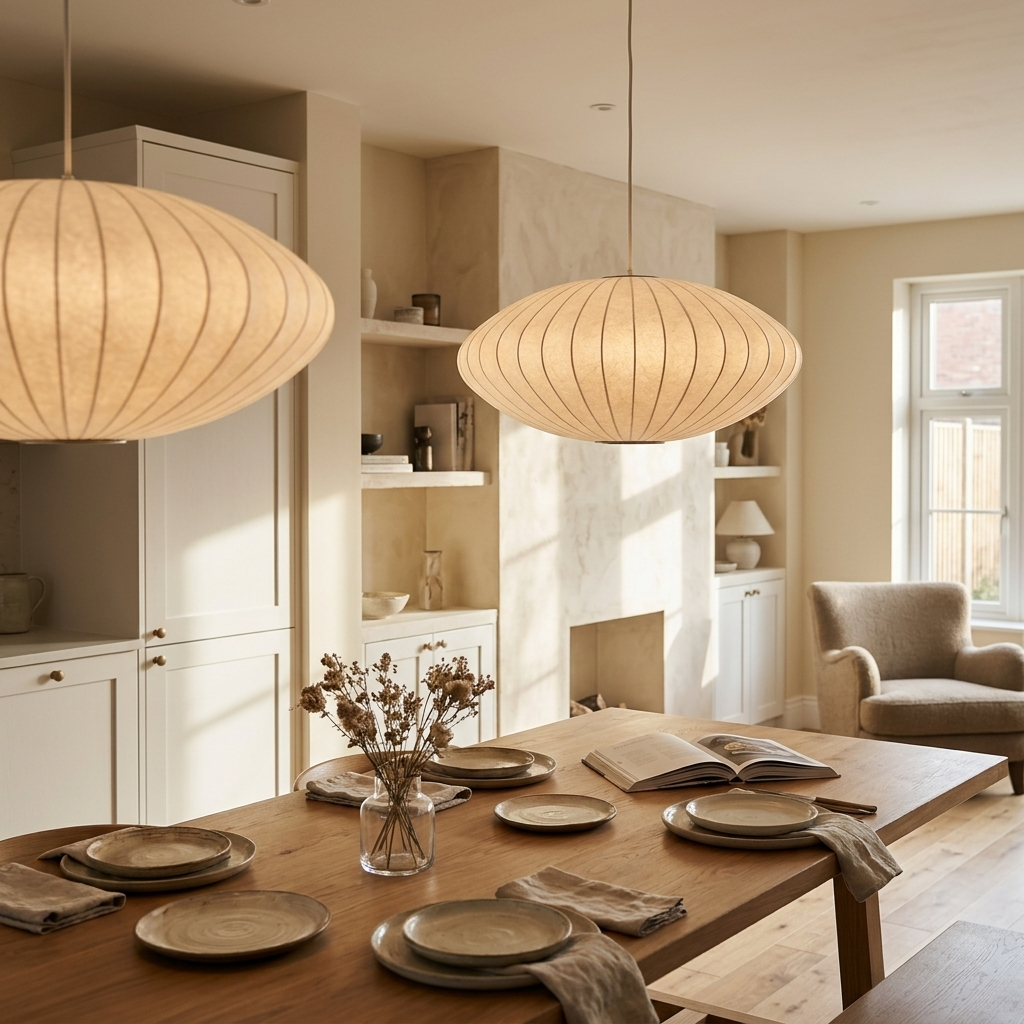 Minimalist Wabi-Sabi neqi ceiling lamp illuminating a beautifully set dining room table