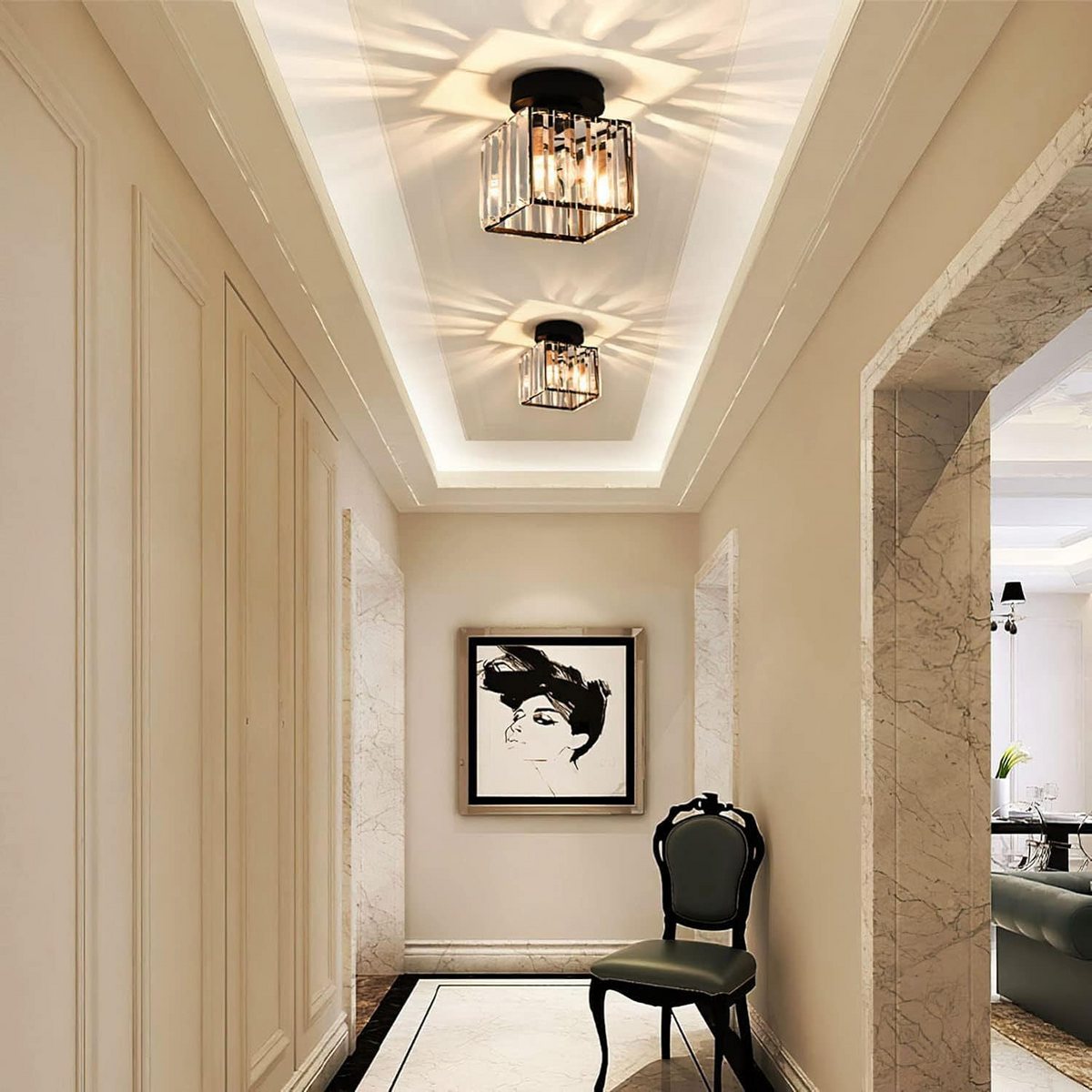 Black geometric square crystal netyf mini chandelier installed in a narrow home hallway