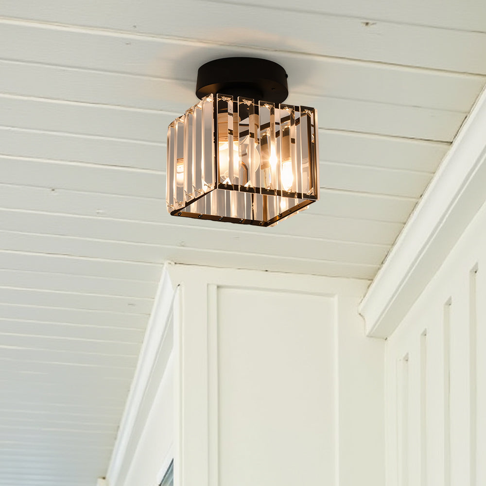 Single black square crystal prism netyf ceiling lamp isolated on a white ceiling