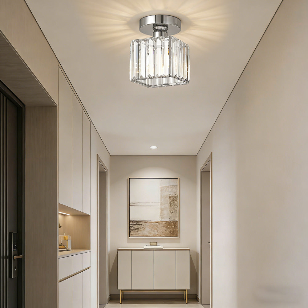 Silver crystal prism netyf ceiling light installed in a clean, minimalist white hallway