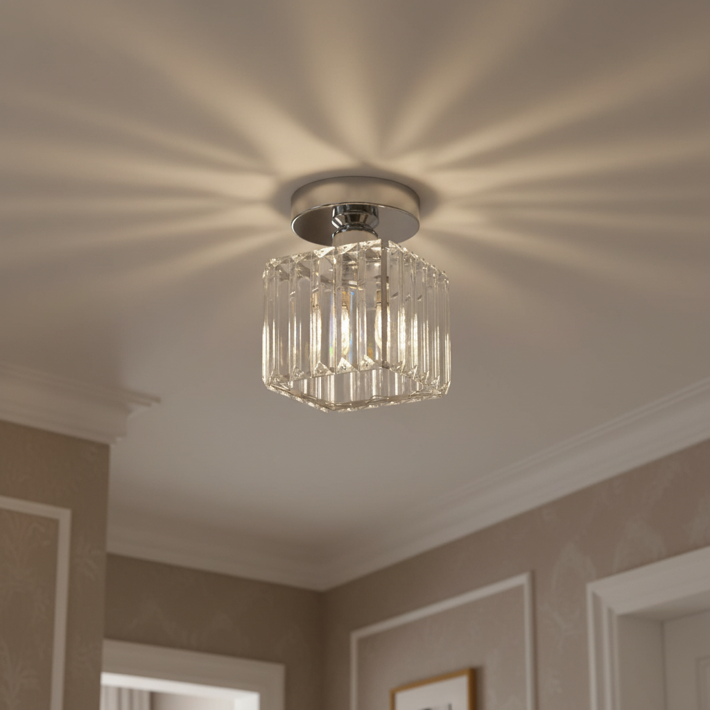 Close-up of a silver square crystal netyf ceiling light showing the faceted glass prisms