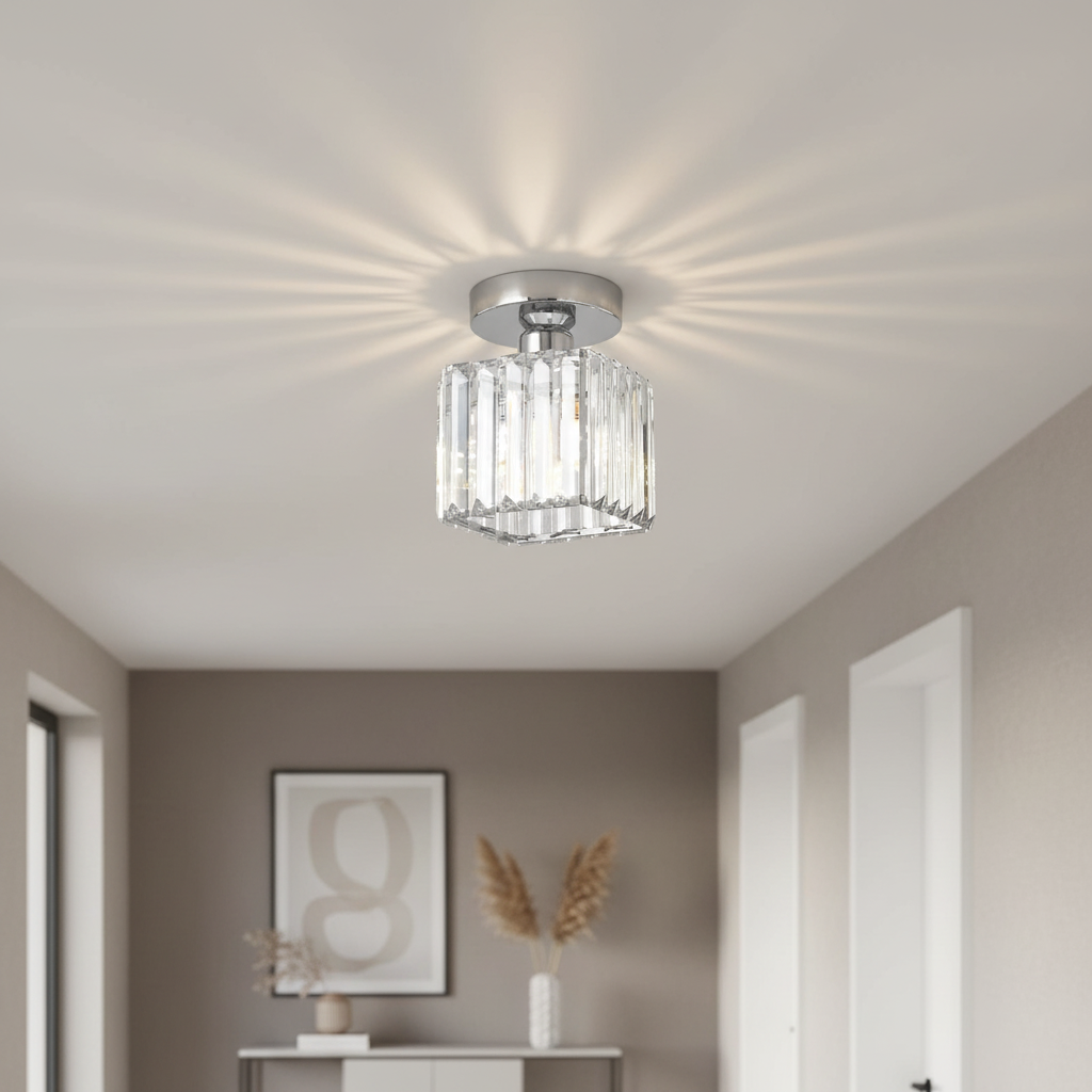 Silver square crystal flush mount netyf ceiling fixture in a sleek grey minimalist interior