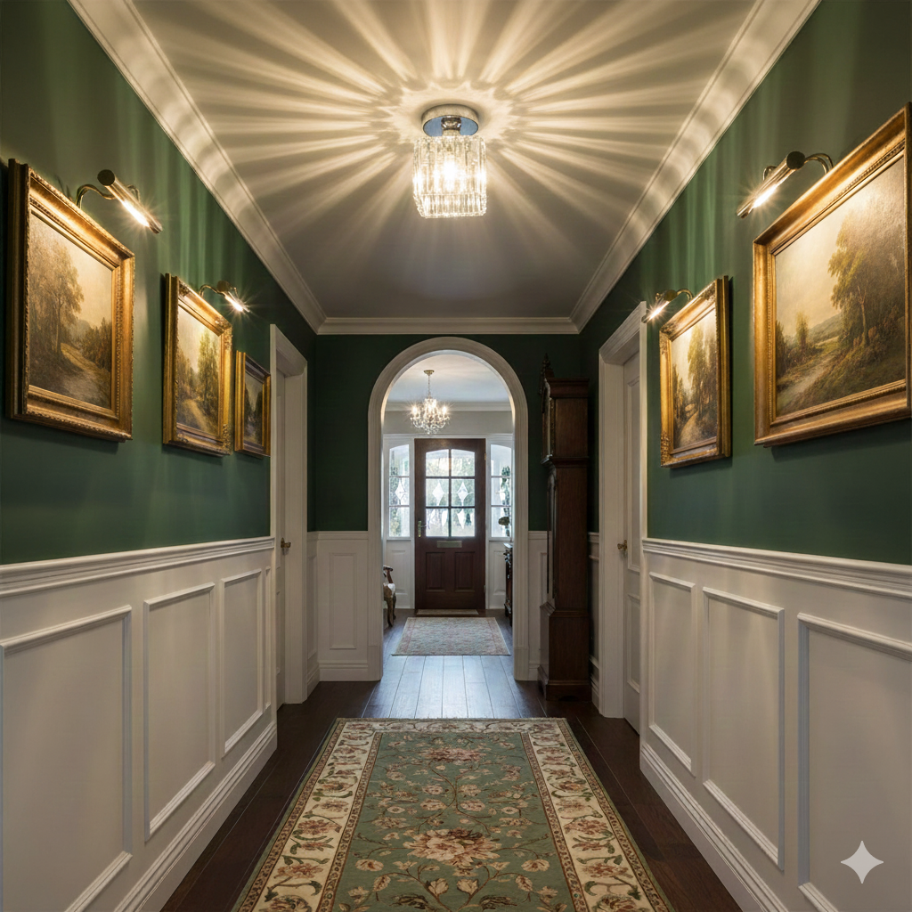 Silver square crystal netyf ceiling light contrasting beautifully in a traditional green hallway