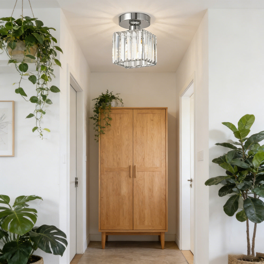 Silver square crystal flush mount netyf light in a bright hallway decorated with indoor plants