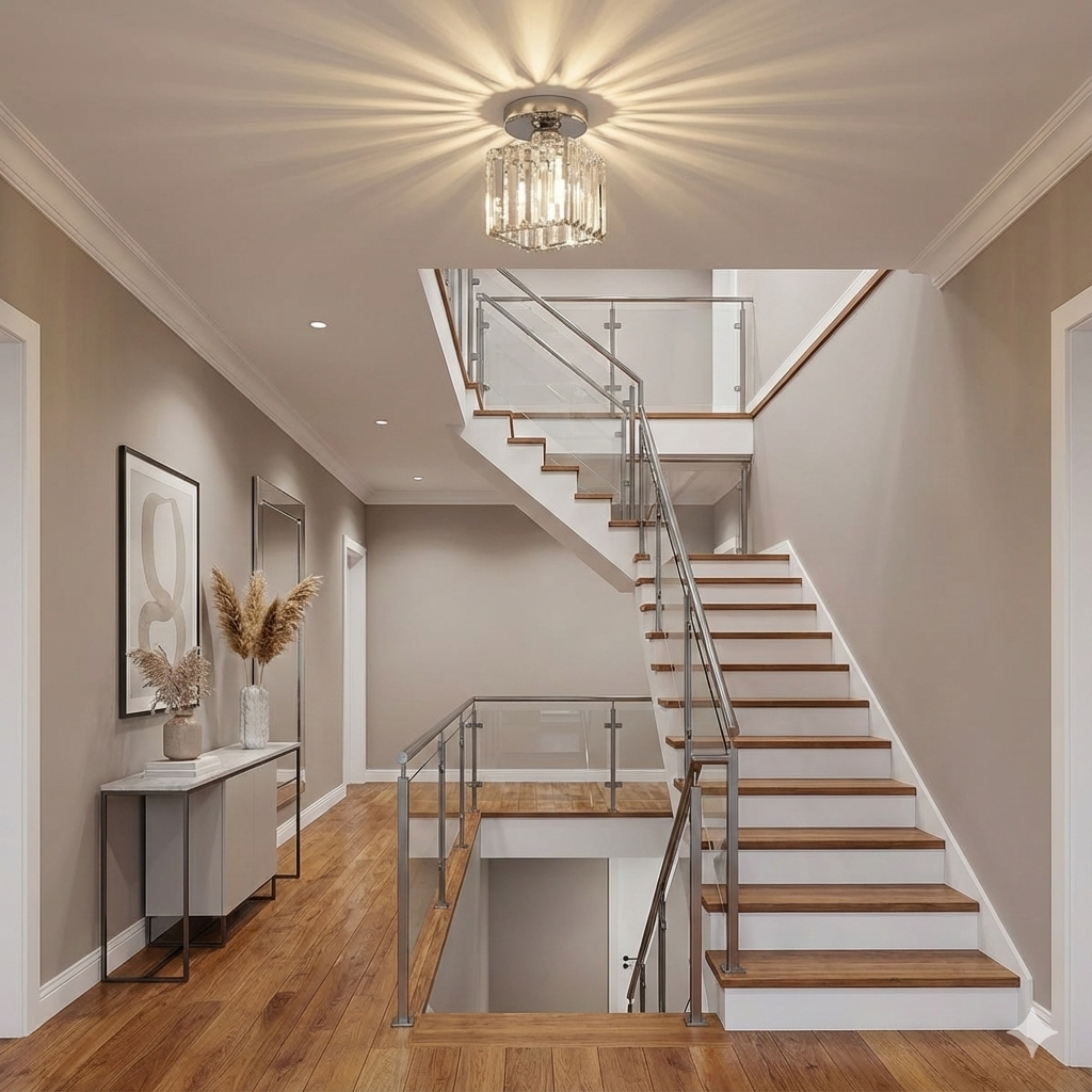 silver square crystal netyf chandelier illuminating a modern wooden staircase