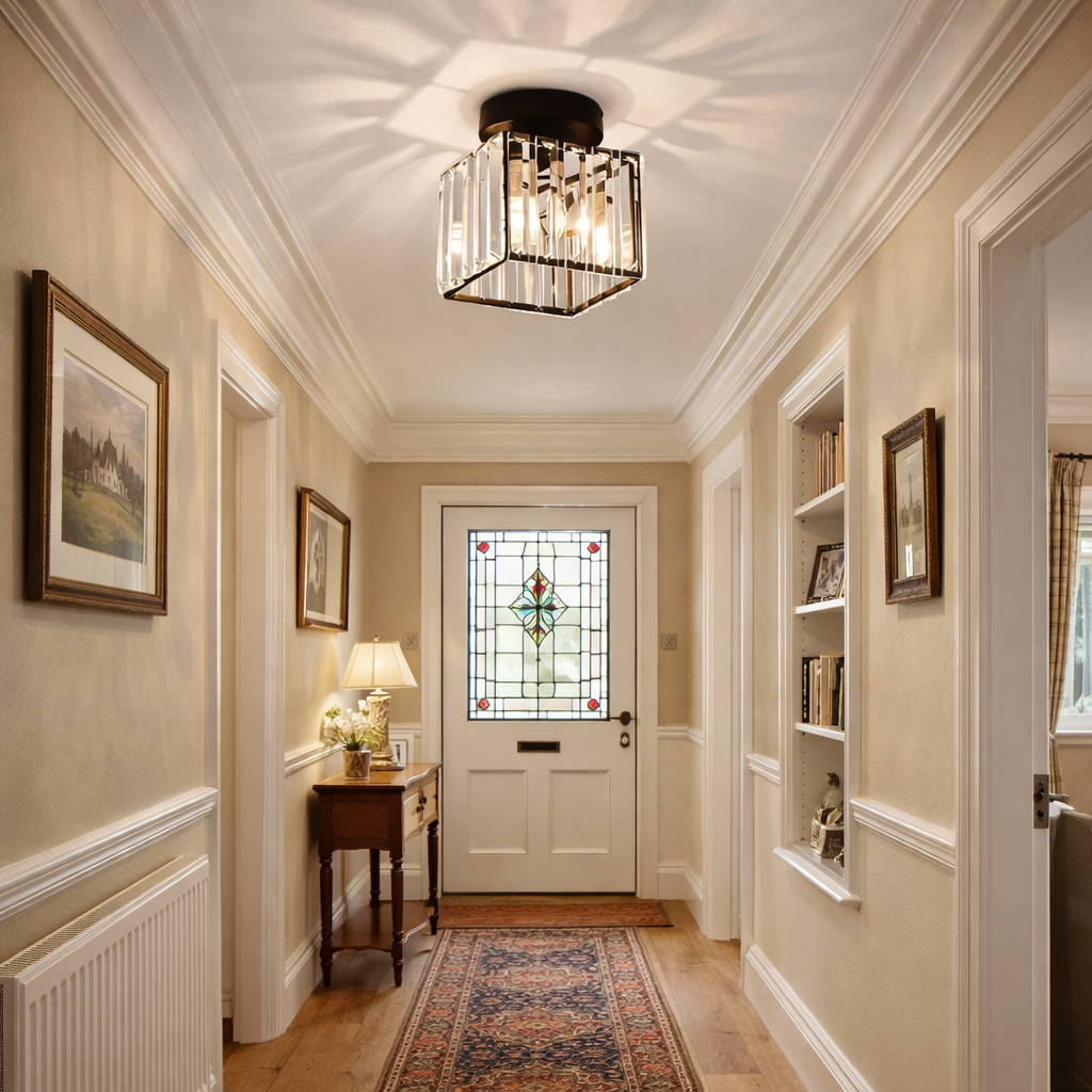Small black square crystal netyf ceiling light providing ambient illumination in a corridor